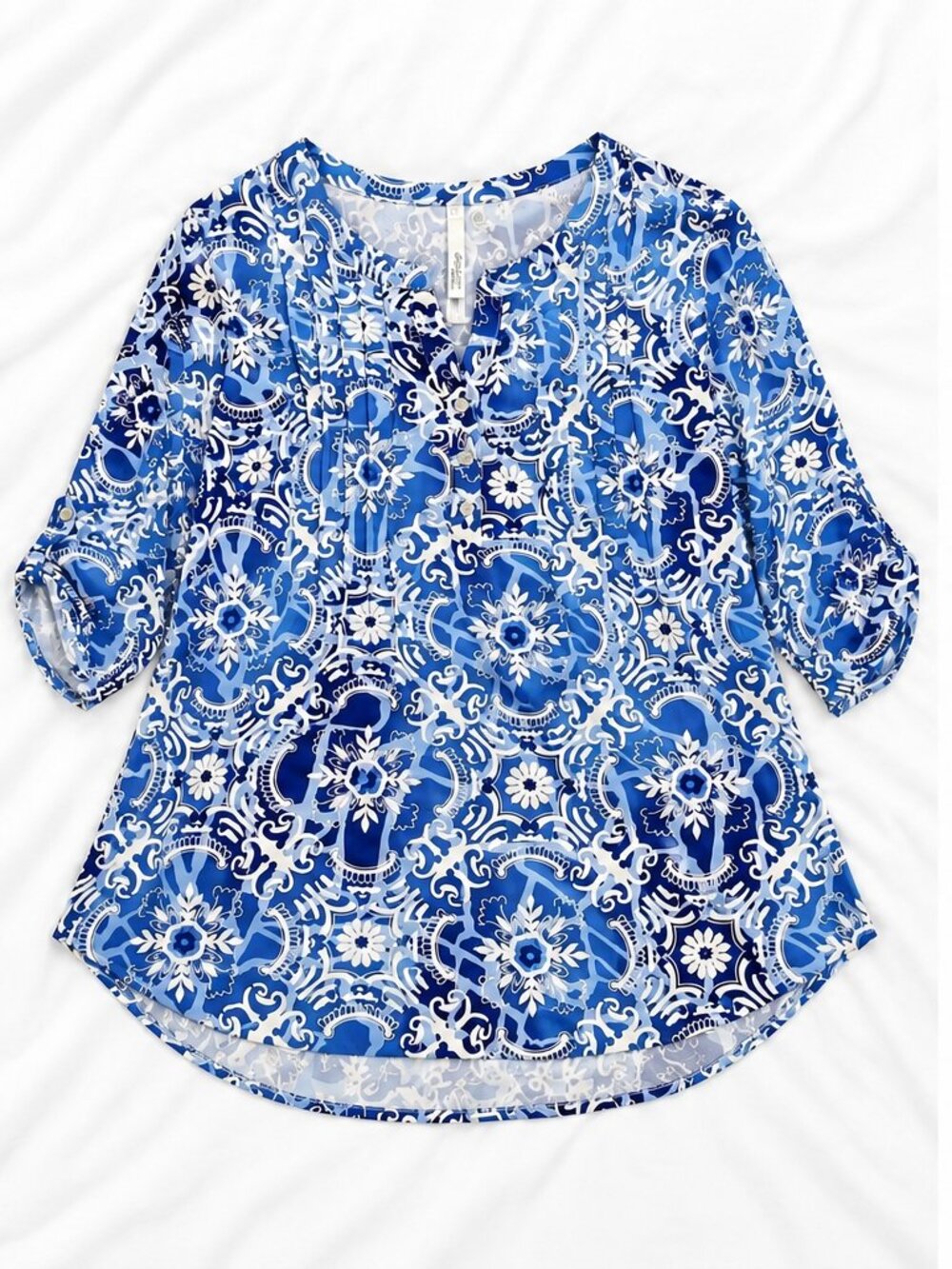Blue & White Paisley Floral Tunic Blouse 2X 3/4 Sleeve